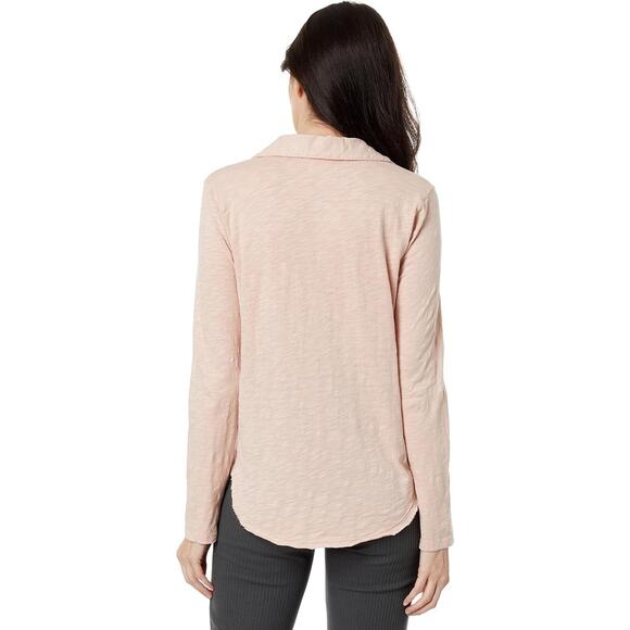 Mododoc Womens XS Pink Peach Slub Jersey Easy Polo Tee Shirt Long Sleeve MM35-7 - Picture 2 of 11